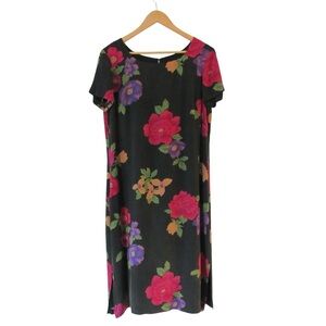 Adrianna Papell Black Floral Silk Dress Size 12 Short Sleeves Midi Classic